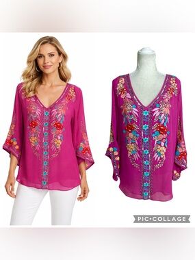 Vintage Collection Boho Embroidered Sequin V-Neck Tunic Top Size Medium